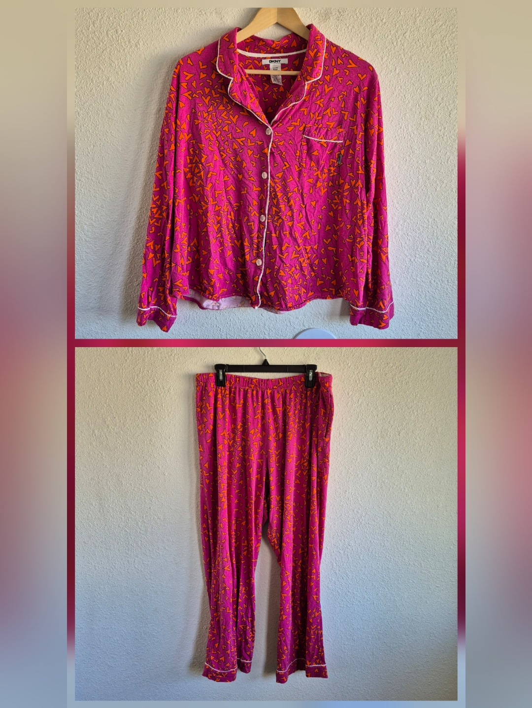 Dkny Womens Pajama Set Pink Orange Hearts Long Sleeve Button Down Pocket Size Xl